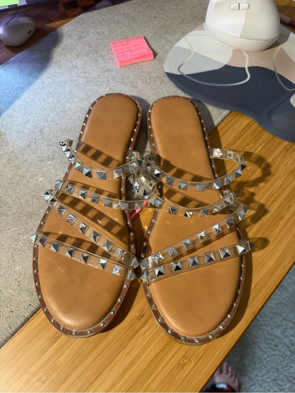 Studded Clear-Strap Tan Slide Sandals - Women